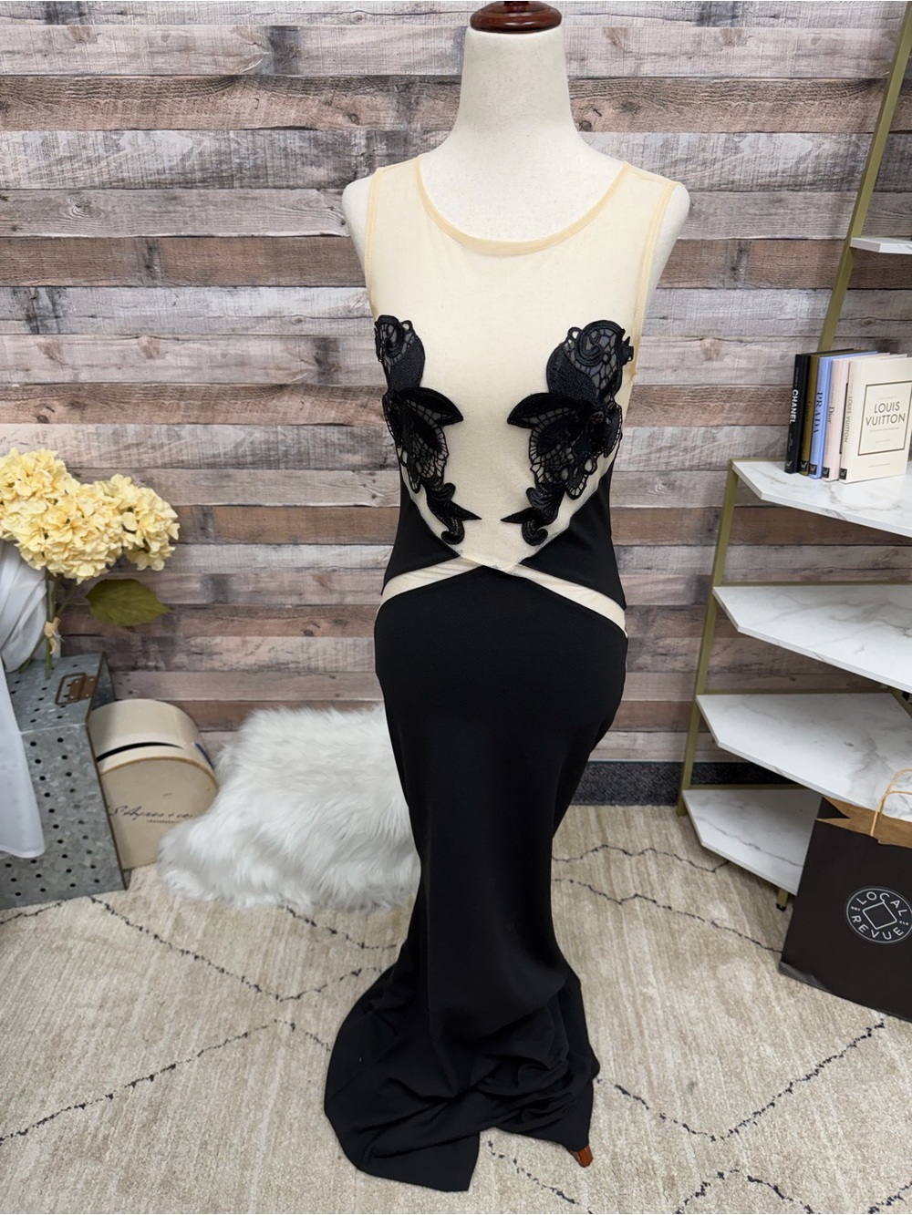 Symphony Black Evening Gown With Mesh Top and Lace
